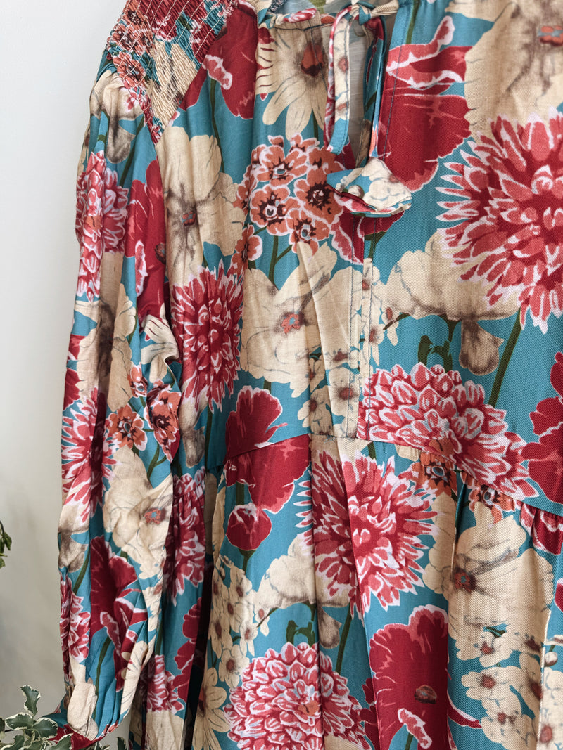 Floral Midi Dress With Tie Neck